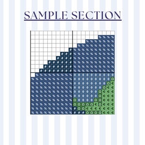 May include: A cross-stitch pattern sample with the text "SAMPLE SECTION" at the top. The pattern features a grid with various symbols and colors, including blue, green, and white, creating a visual design.