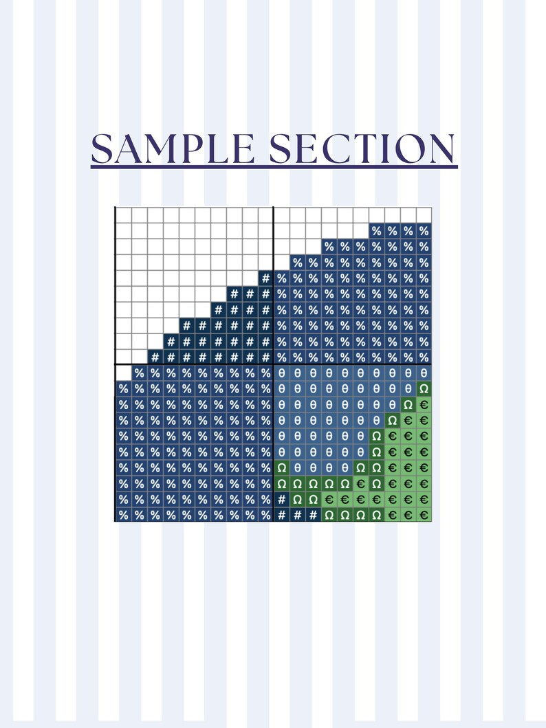 May include: A cross-stitch pattern sample with the text "SAMPLE SECTION" at the top. The pattern features a grid with various symbols and colors, including blue, green, and white, creating a visual design.
