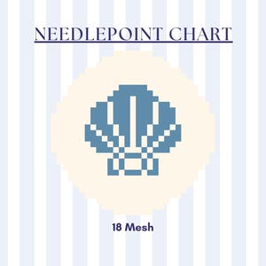 May include: A needlepoint chart with a blue and white seashell design on a cream-colored background. The text "NEEDLEPOINT CHART" is at the top, and "18 Mesh" is at the bottom. The background has blue and white vertical stripes.