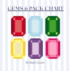 Może przedstawiać: Wykres zatytułowany "GEMS 6 PACK CHART" przedstawiający sześć pikselowanych klejnotów w kolorze czerwonym, jasnoniebieskim, zielonym, żółtym, fioletowym i różowym. Tekst "18 Mesh Count" znajduje się pod klejnotami. Tło ma pionowe niebiesko-białe paski.