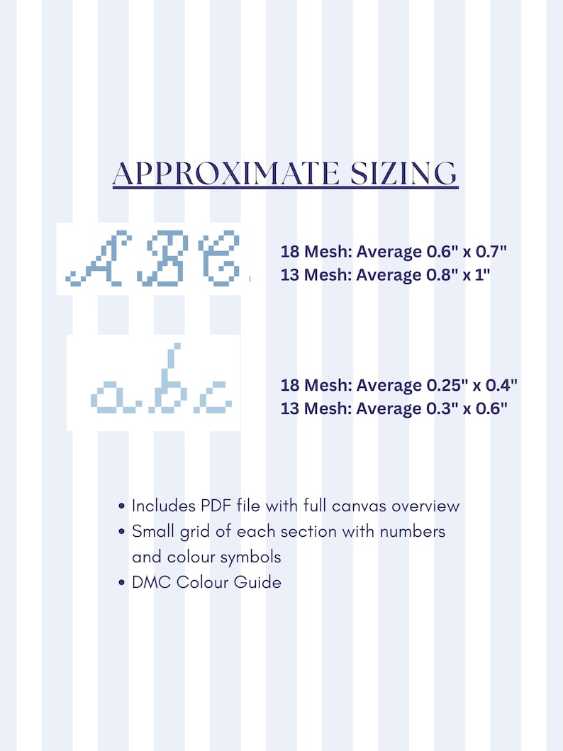 K&ouml;nnte beinhalten: Digitales Bild auf gestreiftem Hintergrund mit dem Text &bdquo;APPROXIMATE SIZING&ldquo; &uuml;ber pixeligen Gro&szlig;- und Kleinbuchstaben. Die Ma&szlig;e werden in Zoll f&uuml;r beide Alphabete angegeben und geben ihre durchschnittlichen Gr&ouml;&szlig;en f&uuml;r 18 und 13 Maschen an.