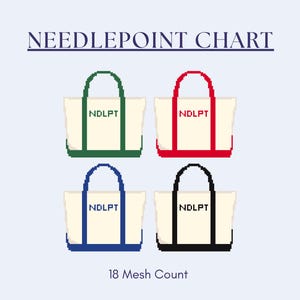 Pode incluir: Gráfico de ponto de agulha com quatro designs de sacolas em verde, vermelho, azul e preto. Cada saco tem um corpo creme com alças e as letras "NDLPT". O texto "18 Mesh Count" está na parte inferior.