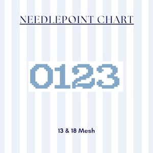 May include: A needlepoint chart with a blue and white striped background. The text "NEEDLEPOINT CHART" is at the top. Below, the numbers "0123" are displayed in a pixelated blue font. The text "13 & 18 Mesh" is at the bottom.