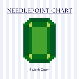 May include: A needlepoint chart with a pixelated green gemstone design. The text "NEEDLEPOINT CHART" is above the gemstone, and "18 Mesh Count" is below. The background has vertical blue and white stripes.