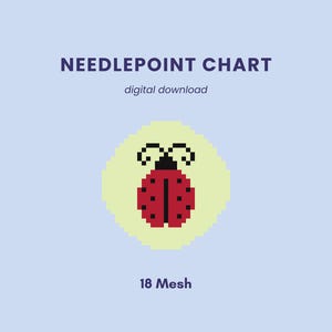 May include: A needlepoint chart digital download featuring a pixelated red ladybird with black spots and antennae centred on a pale yellow circle against a light blue background. The text reads NEEDLEPOINT CHART, digital download, and 18 Mesh.