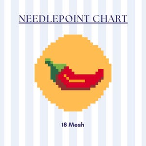 May include: Needlepoint chart featuring a pixelated red chilli pepper design within a yellow circle. The text "NEEDLEPOINT CHART" is above the image, and "18 Mesh" is below. The background has vertical blue and white stripes.