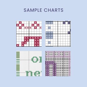 Peut inclure: Quatre grilles de motifs de point de croix &eacute;tiquet&eacute;es SAMPLE CHARTS. La grille en haut &agrave; gauche pr&eacute;sente des esperluettes marron et des symboles pi roses. La grille en haut &agrave; droite affiche des symboles om&eacute;ga et delta bleus. En bas &agrave; gauche, du texte vert, et en bas &agrave; droite, des symboles lambda et c&oelig;ur violets.
