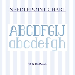 May include: A needlepoint chart with the text "NEEDLEPOINT CHART" in dark blue. The chart displays the alphabet in uppercase and lowercase, in a light blue pixelated font. The text "13 & 18 Mesh" is at the bottom. The background has vertical blue and white stripes.
