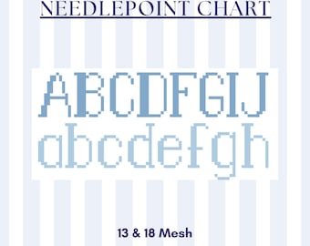 Gráfico de bordado con alfabeto en bloques / Malla 13 y 18 (PDF)