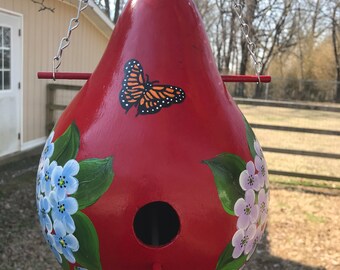 Bright Red Gourd Birdhouse with Colorful Hydrangeas & Butterflies