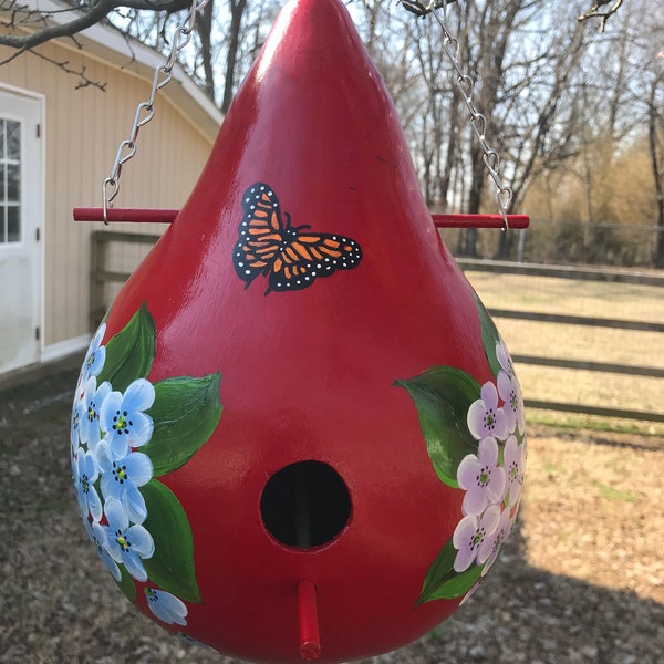 Bright Red Gourd Birdhouse with Colorful Hydrangeas & Butterflies