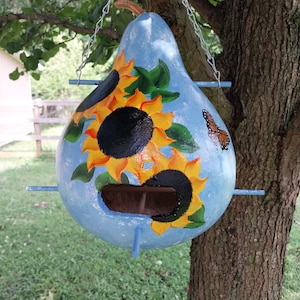 Beautiful Faux Blue Gourd Bird feeder With Sunny Sunflowers & Colorful Monarch Butterflies