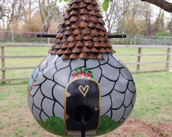 Unique Old English Greystone Cottage Birdhouse Gourd With Pinecone Roof