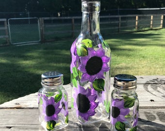 Bright Purple Flowers Set Oil Dispenser  and Matching Salt and Pepper Shakers