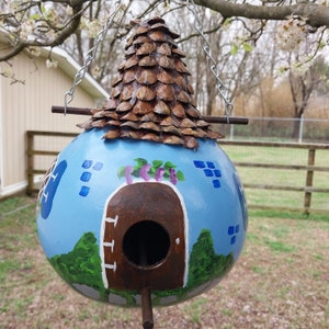 Unique  Pinecone  Petal Roofed Old English Cottage  Gourd  Birdhouse