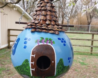 Unique  Pinecone  Petal Roofed Old English Cottage  Gourd  Birdhouse