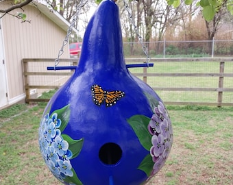 Bold Cobalt Blue Gourd Birdhouse with Lots Of Colorful Hydrangeas & Butterflies