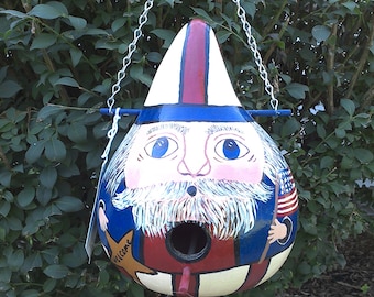 Ptriotic Uncle Sam Gourd Birdhouse With Flag And Welcome Sign