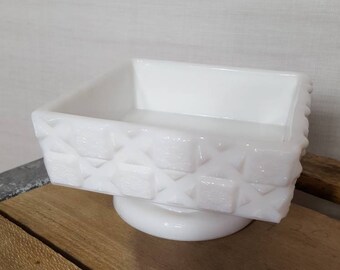 Vintage milk glass quilt pattern glass candy dish wedding table