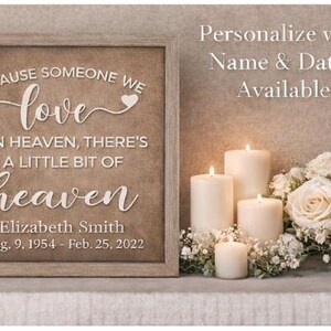 Puede incluir: Un letrero conmemorativo enmarcado con el texto "BECAUSE SOMEONE WE love IS IN HEAVEN, THERE'S A LITTLE BIT OF heaven" y el nombre "Elizabeth Smith" con fechas. El letrero está junto a velas encendidas y un arreglo floral.