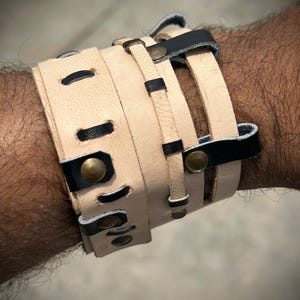 Men Bracelet Leather Cuff With Adjustable Double Buckels Cream Leather - Mens Cuff Leather Bracelet Hanadmade Distressed Leather