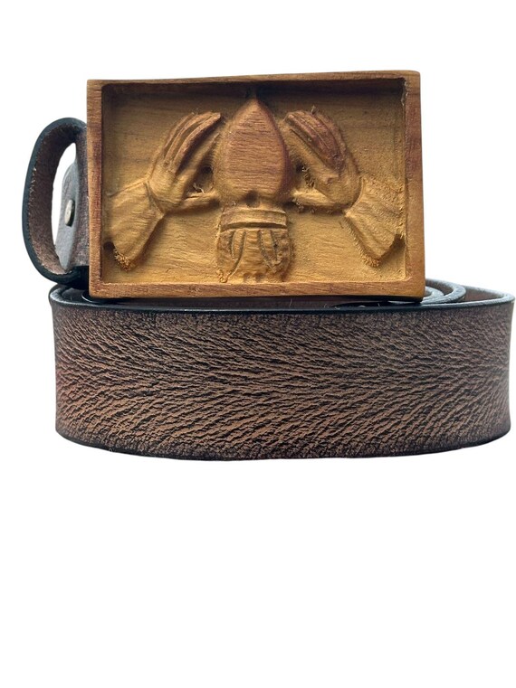 Greyish Brown Taupe Leather Belt, Hand-carved Two Hands  display picture 2
