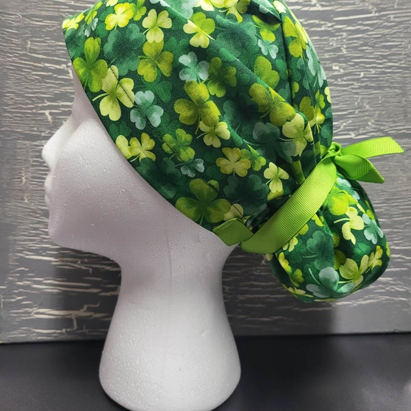 Women's XL Euro Clover Scrub Hat, Surgical Hat, Women's Scrub Hat, Euro Scrub Hat, St. Patrick's Day Scrub Hat, XL Scrub Hat