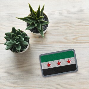 May include: Rectangular patch displaying the Syrian flag, with green, white, and black stripes and three red stars. The patch has a grey border. Two small potted succulents are in the background.