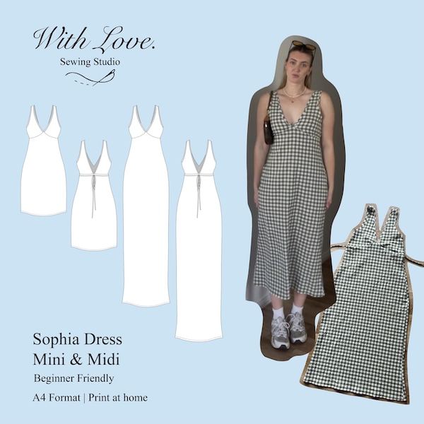 Sophia Dress Sewing Pattern | Midi & Mini Sundress | Deep V Neck,Low Back | PDF Download