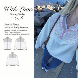 Puede incluir: Un patrón de costura para una chaqueta y chaleco Sunday Fleece con el texto With Love. Sewing Studio, Beginner Friendly Sewing Pattern, Three Pattern Variations, A4 & A0 Format | Print at home PDF, e ilustraciones de tres estilos.
