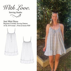 Juni Mini Dress | PDF Sewing Pattern | Gathered Drawstring Neckline | Frill Hem | UK Sizes 6–20 | A4 & A0 Print at Home
