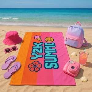 Retro Y2K Summer Beach Towel, Fun Vintage Towel for Beach Trips, Pool Days, Summer Vibes, Gift for Beach Lovers