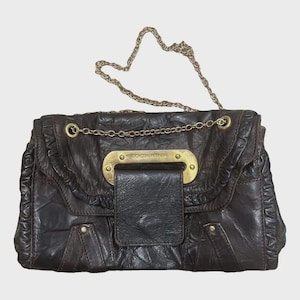 Vintage Dolce & Gabbana Crinkled dark brown Leather Shoulder Bag – Brown Chain Strap Designer Purse – Y2K Italian Luxury