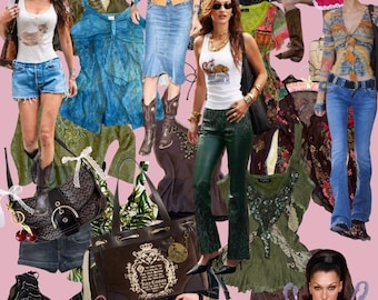 May include: A collage of women's clothing and accessories, including denim shorts, a corset top, a white tank top, and a pink handbag. The image features various styles of tops, jeans, and boots, with a focus on Y2K fashion.