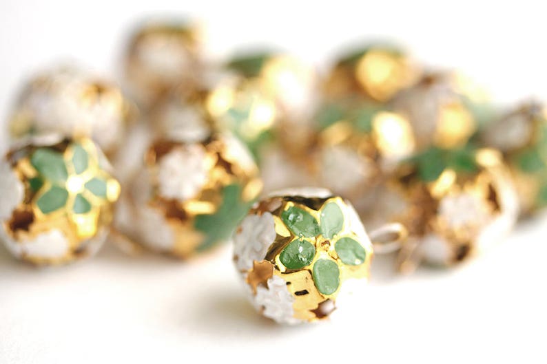 Green Poinsettia Bells Gold Bells Round Bell Charms with Enameled Green Flowers Christmas Flower Bells Christmas Bells 23mm x 17mm