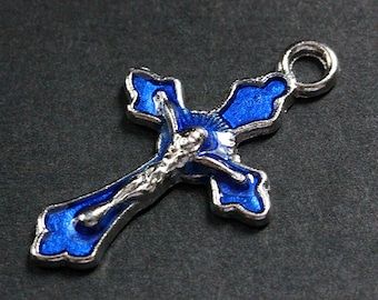 Blue Enamel Cross in Silver. Rosary Cross Charm. Blue Cross. Crucifix Charm. Rosary Supplies. 30x18mm Crucifix (1 pc)