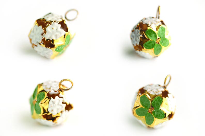 Green Poinsettia Bells Gold Bells Round Bell Charms with Enameled Green Flowers Christmas Flower Bells Christmas Bells 23mm x 17mm