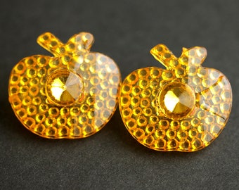 Three (3) Orange Apple Buttons. Orange Buttons. Clear Acrylic Buttons. Plastic Buttons with Rhinestone Centers. 25mm x 23mm