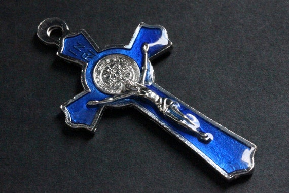 Cobalt Blue Enamel Cross in Silver. Italian St Benedict Cross Charm. Rosary Cross. Rosary Supplies. 50x27mm Cobalt Blue Crucifix (1 pc)