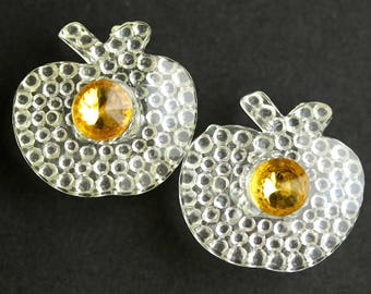 Two (2) Pale Yellow Apple Buttons. Light Yellow Buttons. Clear Acrylic Buttons. Plastic Buttons with Rhinestone Centers. 25mm x 23mm