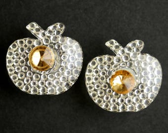 Two (2) Peach Apple Buttons. Pale Orange Buttons. Clear Acrylic Buttons. Plastic Buttons with Rhinestone Centers. 25mm x 23mm