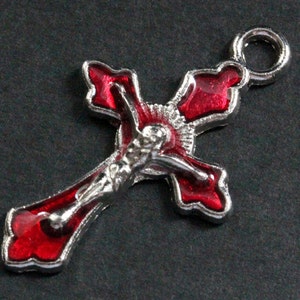 Red Enamel Cross in Silver. Rosary Cross Charm. Red Cross. Crucifix Charm. Rosary Supplies. 30x18mm Crucifix (1 pc)