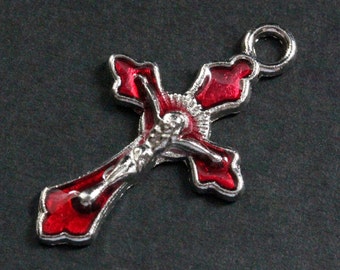 Red Enamel Cross in Silver. Rosary Cross Charm. Red Cross. Crucifix Charm. Rosary Supplies. 30x18mm Crucifix (1 pc)