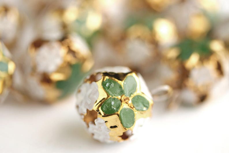 Green Poinsettia Bells Gold Bells Round Bell Charms with Enameled Green Flowers Christmas Flower Bells Christmas Bells 23mm x 17mm