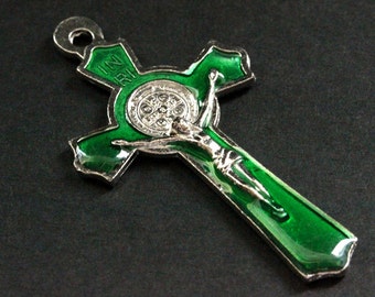 Green Enamel Cross in Silver. Italian St Benedict Cross Charm. Rosary Cross. Rosary Supplies. 50x27mm Green Crucifix  (1 pc)