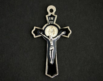 Black Enamel Cross in Silver. Italian St Benedict Cross Charm. Rosary Cross. Rosary Supplies. 50x27mm Black Crucifix  (1 pc)