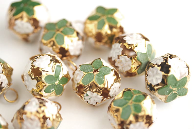 Green Poinsettia Bells Gold Bells Round Bell Charms with Enameled Green Flowers Christmas Flower Bells Christmas Bells 23mm x 17mm