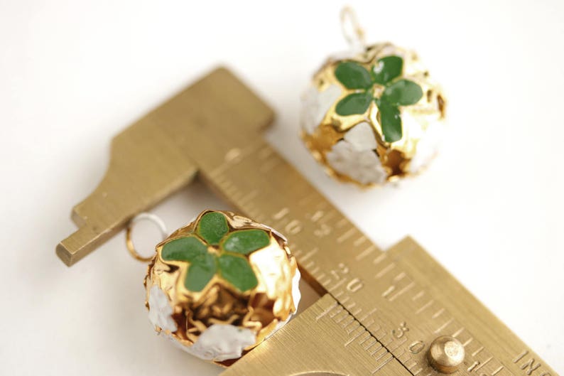 Green Poinsettia Bells Gold Bells Round Bell Charms with Enameled Green Flowers Christmas Flower Bells Christmas Bells 23mm x 17mm