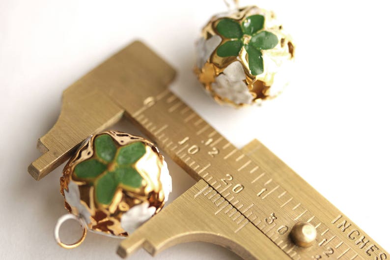 Green Poinsettia Bells Gold Bells Round Bell Charms with Enameled Green Flowers Christmas Flower Bells Christmas Bells 23mm x 17mm