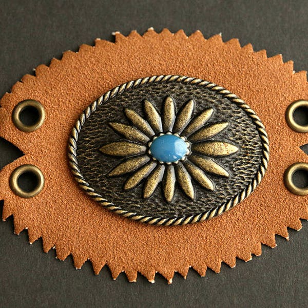 Southwestern Style Bronze & Leather Connector. Blue Enamel Center. Bronze Connector. Recycled Vintage Finding Suede Connector. 87mm x 63mm